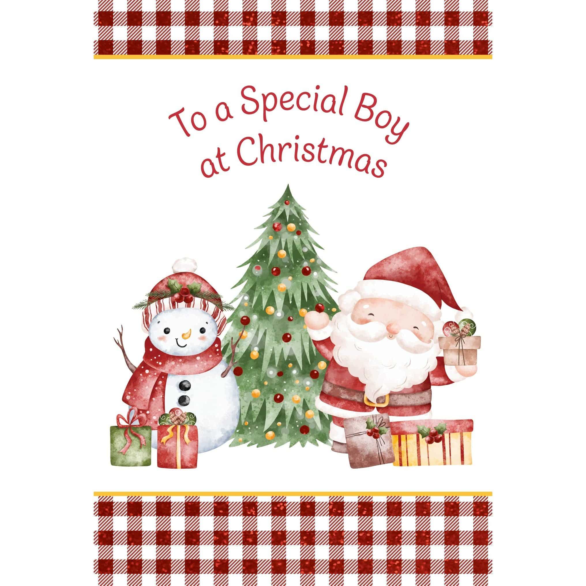 Pictura Christmas card featuring Santa Claus and a snowman with a festive holiday design for special boy recipients.